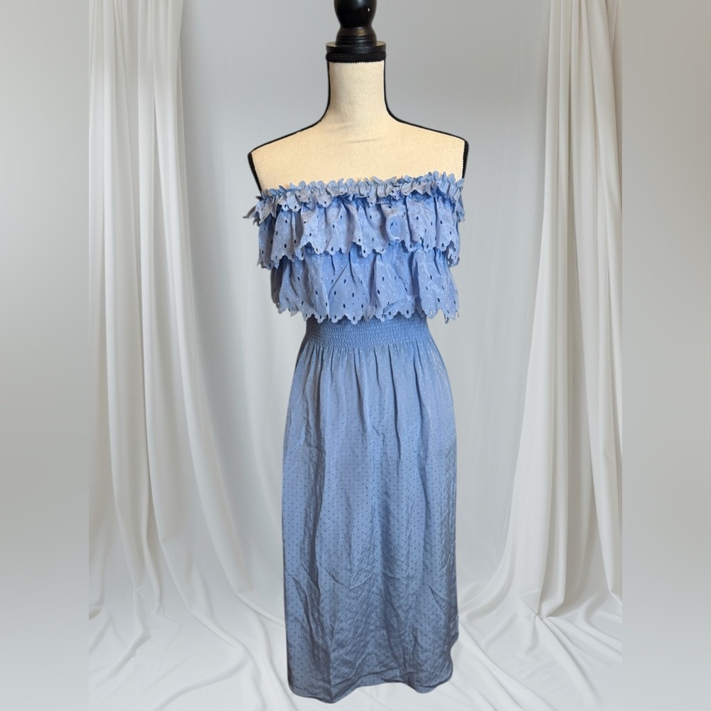 Rebecca Taylor Y2K Strapless Silk Ruffle Midi Blue Dots Dress Women Sz 4